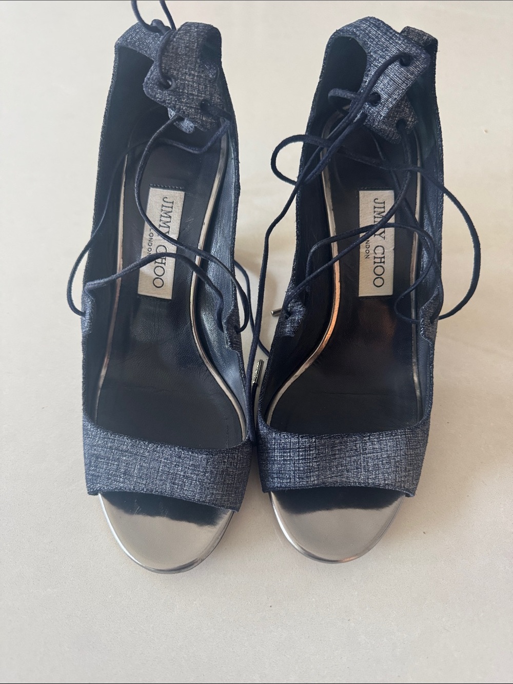 Jimmy Choo Navy Textured Open-Toe Lace-Up Heels with Metallic Toe